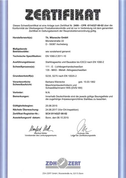 Schweißzertifikat Metalltechnik Wienecke Herbern